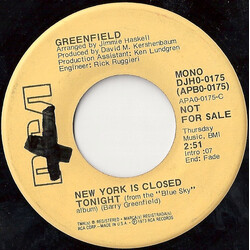 Barry Greenfield New York Is Closed Tonight USED VINYL 7INCH 45 RPM SINGLE PROMO STEREO MONO