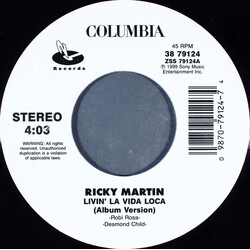 Ricky Martin Livin' La Vida Loca USED VINYL 7INCH 45 RPM SINGLE STEREO