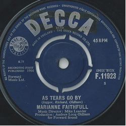 Marianne Faithfull As Tears Go By Vinyl 7" USED