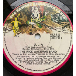 The Rick Wakeman Band Julia / Sorry USED VINYL 7INCH 45 RPM SINGLE