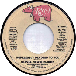 Olivia Newton-John / Unknown Artist Hopelessly Devoted To You / Love Is A Many Splendored Thing USED VINYL 7INCH 45 RPM SINGLE