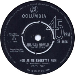 Edith Piaf Non Je Ne Regrette Rien Vinyl 7" USED