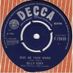Billy Fury Give Me Your Word Vinyl 7" USED