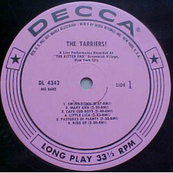 The Tarriers A Live Performance Recorded At " The Bitter End" Greenwich Village, New York City Vinyl LP USED