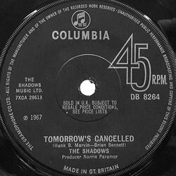 The Shadows Tomorrow's Cancelled USED VINYL 7INCH SINGLE 45 RPM
