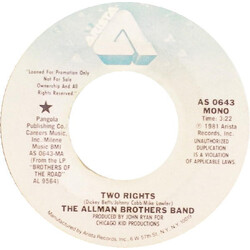 The Allman Brothers Band Two Rights USED VINYL 7INCH 45 RPM SINGLE STEREO MONO PROMO