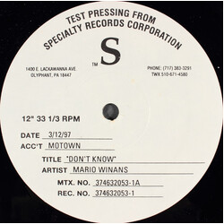 Mario Winans Don't Know USED VINYL 12INCH 33 S RPM TEST PRESSING