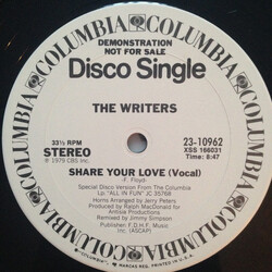 The Writers (2) Share Your Love USED VINYL 12INCH 33 S RPM PROMO STEREO