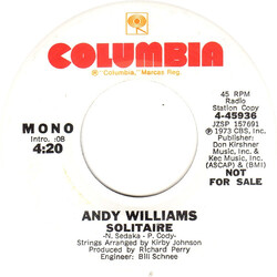 Andy Williams Solitaire USED VINYL 7INCH 45 RPM PROMO STEREO MONO