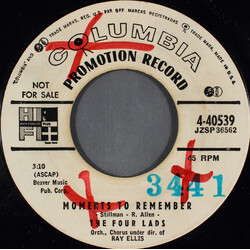 The Four Lads Moments To Remember USED VINYL 7INCH 45 RPM PROMO