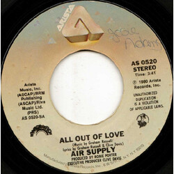Air Supply All Out Of Love USED VINYL 7INCH 45 RPM SINGLE STYRENE STEREO