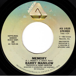 Barry Manilow Memory USED VINYL 7INCH 45 RPM STYRENE STEREO