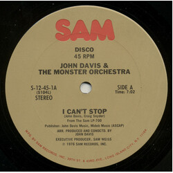 John Davis & The Monster Orchestra I Can't Stop USED VINYL 12INCH 45 RPM STEREO