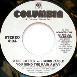 Rebbie Jackson / Robin Zander You Send The Rain Away USED VINYL 7INCH 45 RPM SINGLE PROMO STYRENE STEREO