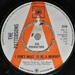 The Pattersons I Don't Want To Be A Memory USED VINYL 7INCH 45 RPM SINGLE PROMO