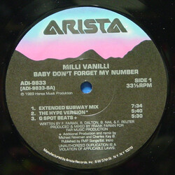 Milli Vanilli Baby Don't Forget My Number USED VINYL 12INCH 33 S RPM SINGLE