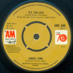 Carole King It's Too Late USED VINYL 7INCH 45 RPM SINGLE