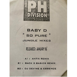 Baby D So Pure (Jungle Mixes) USED VINYL 12INCH 33 S RPM PROMO WHITE LABEL