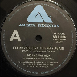 Dionne Warwick I'll Never Love This Way Again / In Your Eyes USED VINYL 7INCH 45 RPM SINGLE