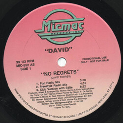 David Torres No Regrets USED VINYL 12INCH 33 S RPM PROMO