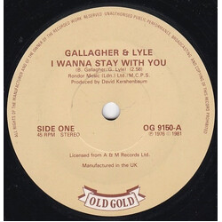 Gallagher & Lyle I Wanna Stay With You / Heart On My Sleeve USED VINYL 7INCH 45 RPM SINGLE