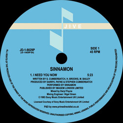 Sinnamon I Need You Now USED VINYL 12INCH 33 S RPM 45 RPM REISSUE REMASTERED