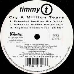 Timmy T Cry A Million Tears USED VINYL 12INCH 33 S RPM