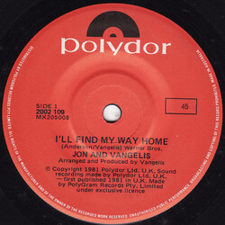 Jon & Vangelis I'll Find My Way Home Vinyl 7" USED