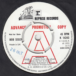Bob Seger Rosalie / Back In '72 Vinyl 7" USED
