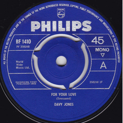 Davy Jones (4) For Your Love Vinyl 7" USED