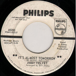 Jimmy Velvet It's Almost Tomorrow Vinyl 7" USED