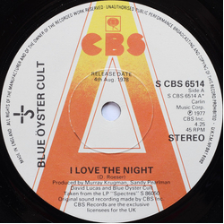 Blue Oyster Cult I Love The Night Vinyl 7" USED