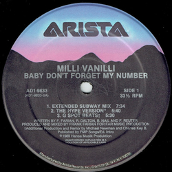 Milli Vanilli Baby Don't Forget My Number Vinyl 12" USED