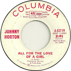 Johnny Horton All For The Love Of A Girl / Sam Magee Vinyl 7" USED