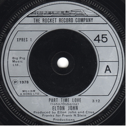Elton John Part Time Love Vinyl 7" USED
