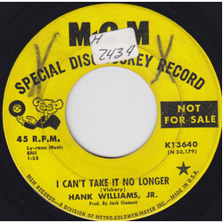 Hank Williams Jr. I Can't Take It No Longer / You Can Hear A Tear Drop USED VINYL 7INCH SINGLE 45 RPM PROMO