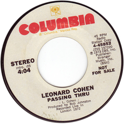 Leonard Cohen Passing Thru Vinyl 7" USED