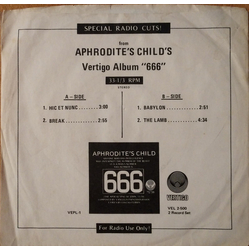 Aphrodite's Child Special Radio Cuts! From Aphrodite's Child's Vertigo Album "666" Vinyl 7" USED