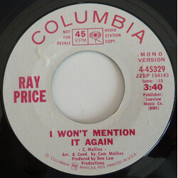 Ray Price I Won't Mention It Again Vinyl 7" USED