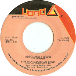 Five Man Electrical Band Absolutely Right / (You And I) Butterfly Vinyl 7" USED