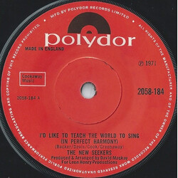 The New Seekers I'd Like To Teach The World To Sing (In Perfect Harmony) USED VINYL 7INCH SINGLE 45 RPM