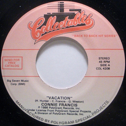 Connie Francis Vacation / Follow The Boys Vinyl 7" USED