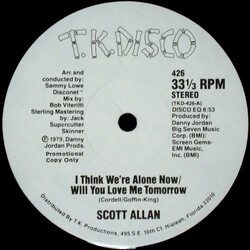 Scott Allan I Think We're Alone Now / Will You Love Me Tomorrow USED VINYL 12INCH 33 S RPM PROMO
