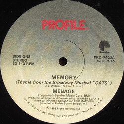 Menage (2) Memory (Theme From The Broadway Musical "Cats") USED VINYL 12INCH 33 S RPM SINGLE STEREO