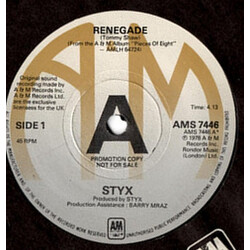 Styx Renegade USED VINYL 7INCH 45 RPM SINGLE PROMO
