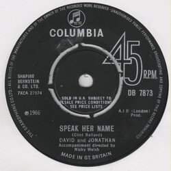 David & Jonathan Speak Her Name USED VINYL 7INCH SINGLE 45 RPM