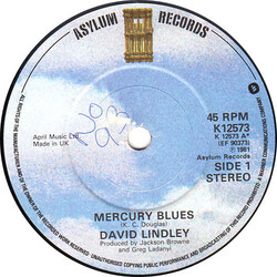 David Lindley Mercury Blues USED VINYL 7INCH 45 RPM SINGLE
