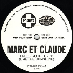 Marc Et Claude I Need Your Lovin' (Like The Sunshine) USED VINYL 12INCH 45 RPM PROMO
