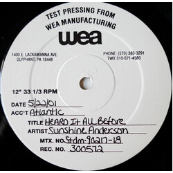 Sunshine Anderson Heard It All Before (Remixes) USED VINYL 12INCH 33 S RPM TEST PRESSING