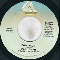 Paul Davis (3) Cool Night / One More Time For The Lonely USED VINYL 7INCH 45 RPM SINGLE STYRENE STEREO
